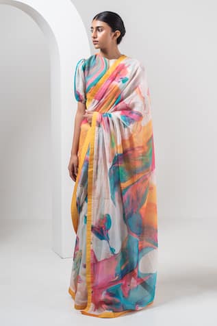 Merakus Abstract Splash Print Saree With Blouse 