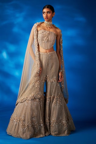 Charu And Vasundhara Viviana Embellished Floral Applique Work Corset Sharara Set 