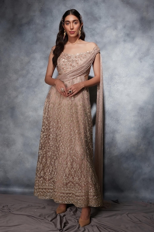 Saaj by Ankita Zari Embellished Off-Shoulder Gown
