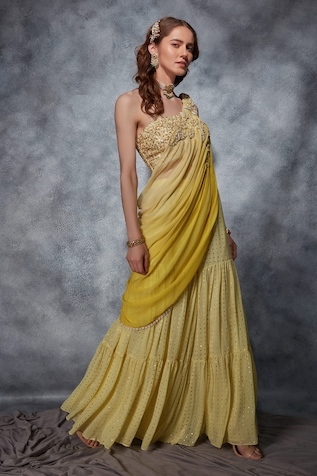 Saaj by Ankita Polka Dot Embellished Sharara With Drape Attached Blouse