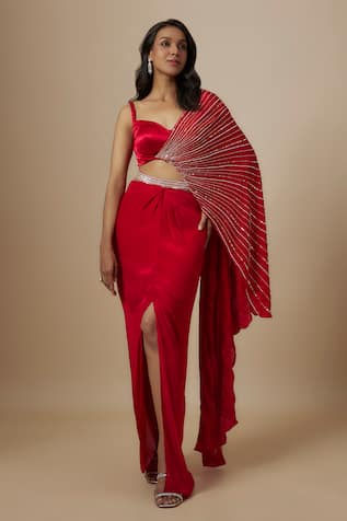Masumi Mewawalla Slit Skirt With Embroidered Draped Blouse 