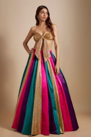 Masumi Mewawalla Color Block Skirt With Embroidered Bow Blouse 