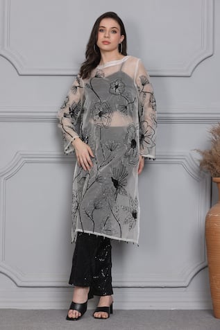 Midori By Sgv Lotus Embroidered Sheer Cape Pant Set 