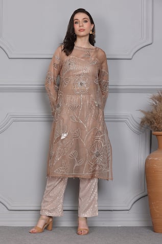 Midori By Sgv Sheer Lotus Embroidered Cape Pant Set 