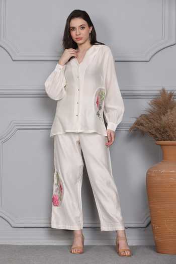 Midori By Sgv Floral Embroidered Panel Shirt With Pant 
