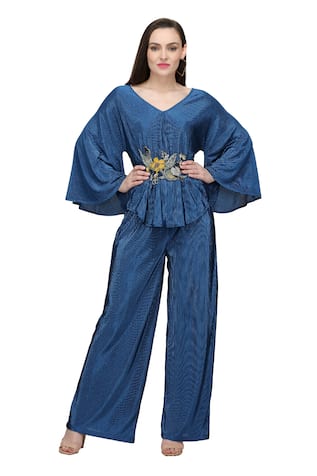 Drop-Shoulder Floral Embroidered Top & Pant Set 