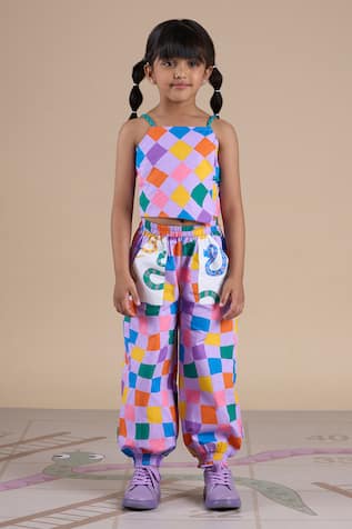 LIL DRAMA Checkered Print Top & Pant Set 