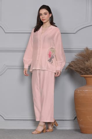 Midori By Sgv Blossom Embroidered Panel Shirt With Pant 