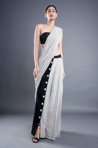 ATBW Stripe Block Print Pre-Draped Saree 