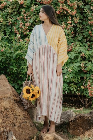 Akashi Clothing Stripe Pattern Patch Work Maxi Dress 