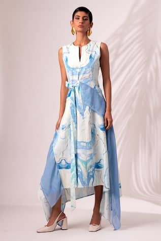 Madder Much Masha Ripple Wave Print Asymmetric Bow Dress 