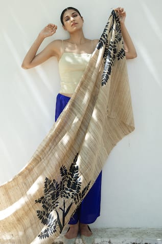 Silk Leaf Stripe Woven Scarf 