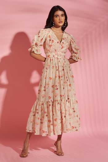 Verano By Tanya Celia Floral Print Tiered Midi Dress With Belt 