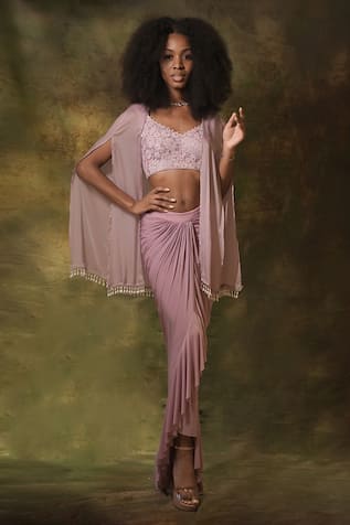 Archana Kochhar Pastel Tasselled Jacket Set With Embroidered Blouse 