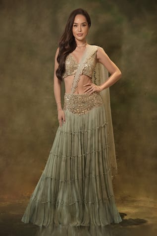 Archana Kochhar Attached Draped Tiered Lehenga With Mirrorwork Blouse 