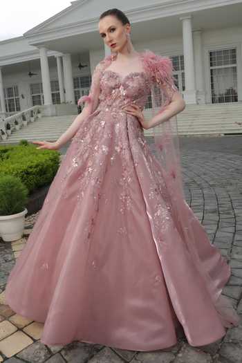 Presto Couture Flower Embroidered Gown With Cape 