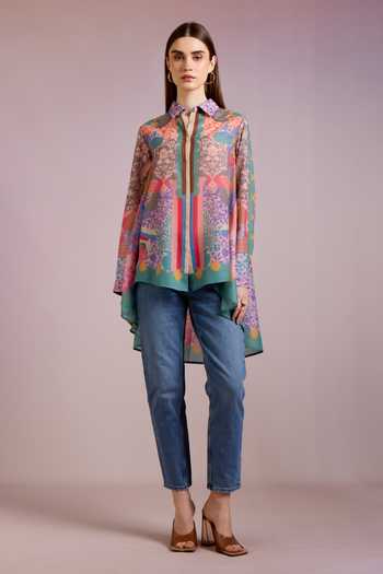 Pankaj & Nidhi Ornament Floral Print High Low Shirt 