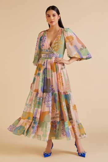Pankaj & Nidhi Arch Fleur Art Print Tiered Midi Dress 