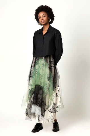 Varun Bahl Cropped Shirt With Floral Print Layered Skirt