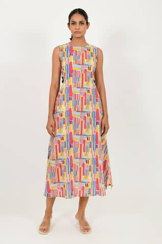 Rias Jaipur Striped Hand Block Pattern Dress 