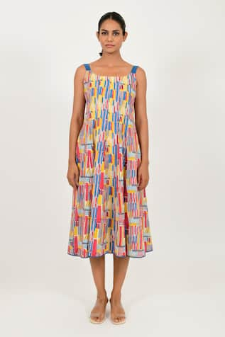 Rias Jaipur Striped Block Print Dress 