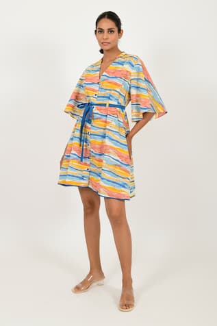 Rias Jaipur Striped Hand Block Print V Neck Dress 