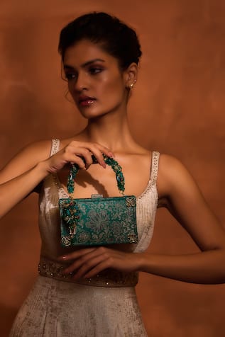 Tarun Tahiliani Floral Pattern Brocade Matchbox Clutch 