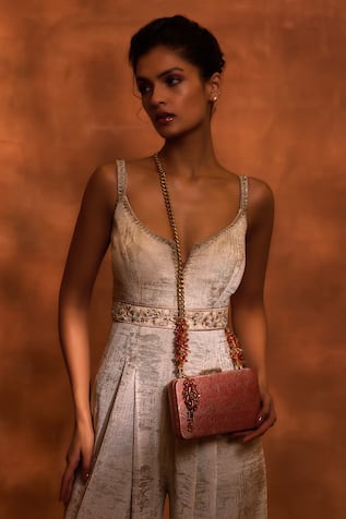 Tarun Tahiliani Bead Tassel Embellished Structured Clutch 