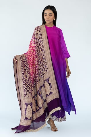 Meghna Panchmatia Pure Silk Ombre Kurta With Banarasi Bandhej Dupatta 