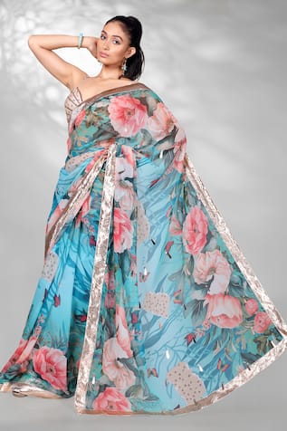 Anita Kanwal Floral Digital Pattern Saree With Unstitched Blouse Piece 