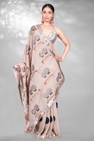 Anita Kanwal Block Printed Saree With Unstitched Blouse Piece 