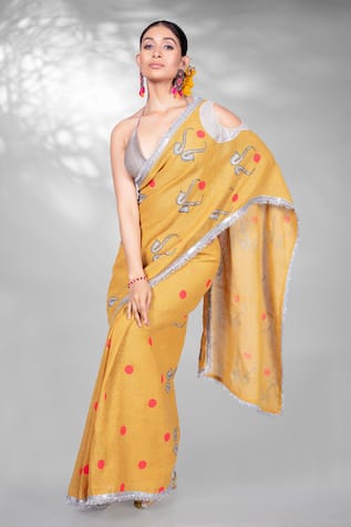 Anita Kanwal Trumpet Block Print Saree With Unstitched Blouse Piece 