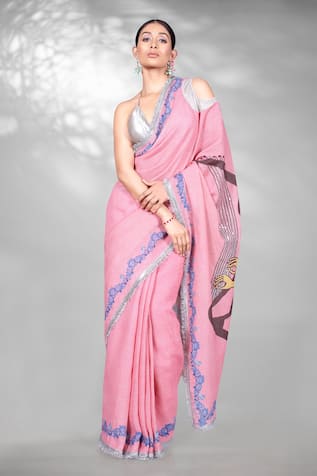 Anita Kanwal Embroidered & Printed Saree With Unstitched Blouse Piece 