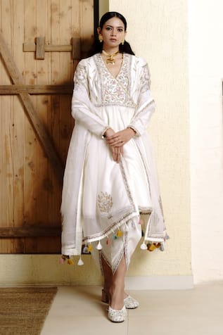 Wabi Sabi By Anshum-Ritesh Udaipur Inlay Floral Embroidered Angarkha Anarkali Draped Pant Set 