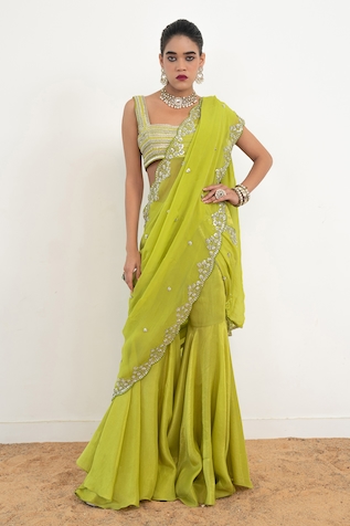 Rishi & Vibhuti Embar Scallop Hem Sharara Saree With Blouse