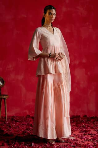 Preevin Peplum Embroidered Kurta Sharara Set 