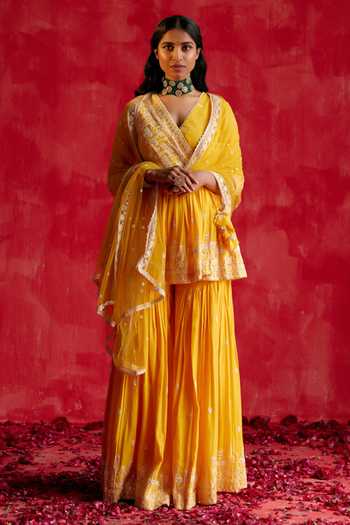 Preevin Floret Embroidered Peplum Kurta Sharara Set 
