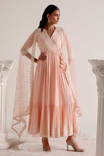 Preevin Thread Embellished Tiered Angarkha With Dupatta 