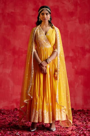 Preevin Floral Embellished Angarkha With Dupatta 