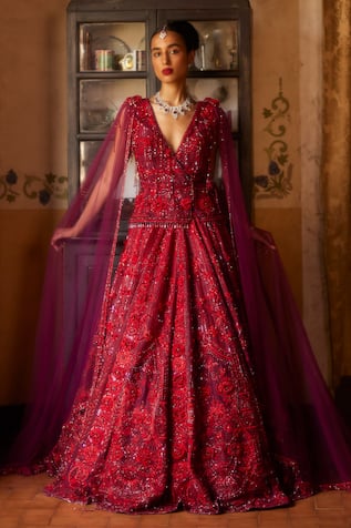 Eeksha 3D Floral Swarovski Embellished Bridal Lehenga With Cape Sleeve Peplum Jacket 