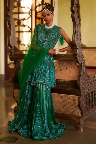 Eeksha Resham Embroidered Embellished Peplum Kurta Sharara Set 