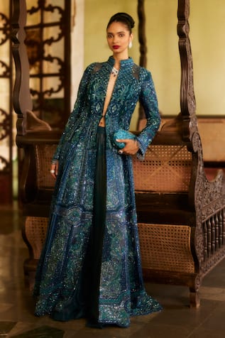 Eeksha Resham Crystal Embellished Jacket With Flared Pant 