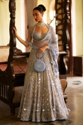 Eeksha Dabka Embroidered Geometric Grid Mirrorwork Bridal Lehenga Set 