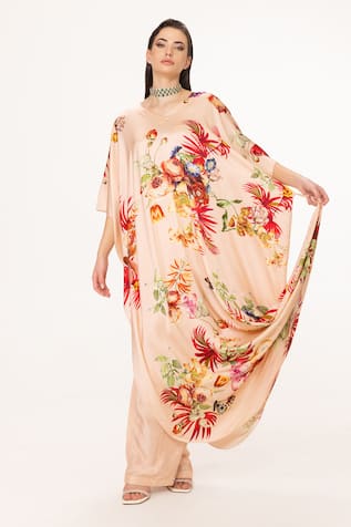 EEKSHA Tropical Placement Print Draped Dress 