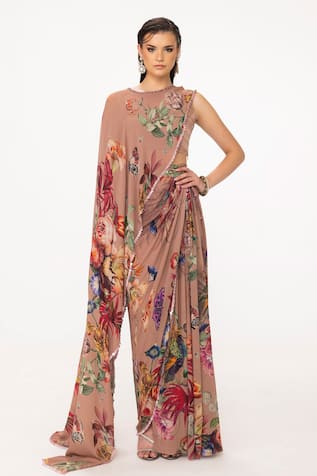 EEKSHA Printed Draped Top & Layered Draped Skirt Set 