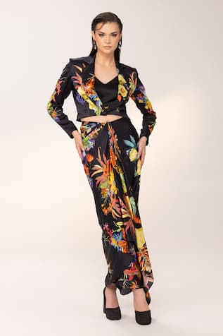 EEKSHA Botanical Print Cropped Blazer Draped Skirt Set 