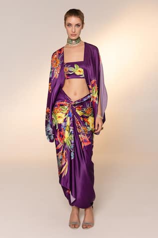 EEKSHA Botanical Print Capelet Knotted Skirt Set 