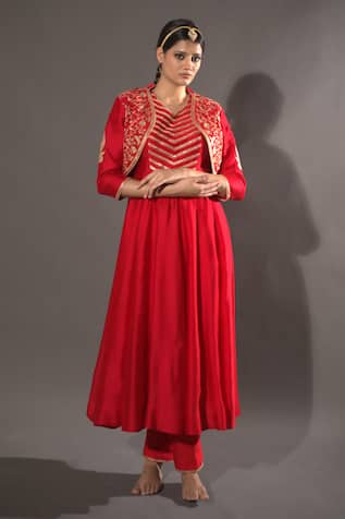 VikaByArvindAmpula Yoke Embroidered Jacket With Kurta Set 