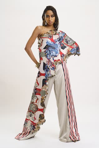 AK-OK Printed One Shoulder Top & Trouser Set 