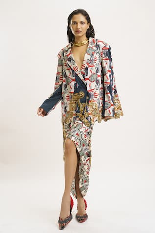 AK-OK Silk Printed Blazer Knotted Skirt Set 